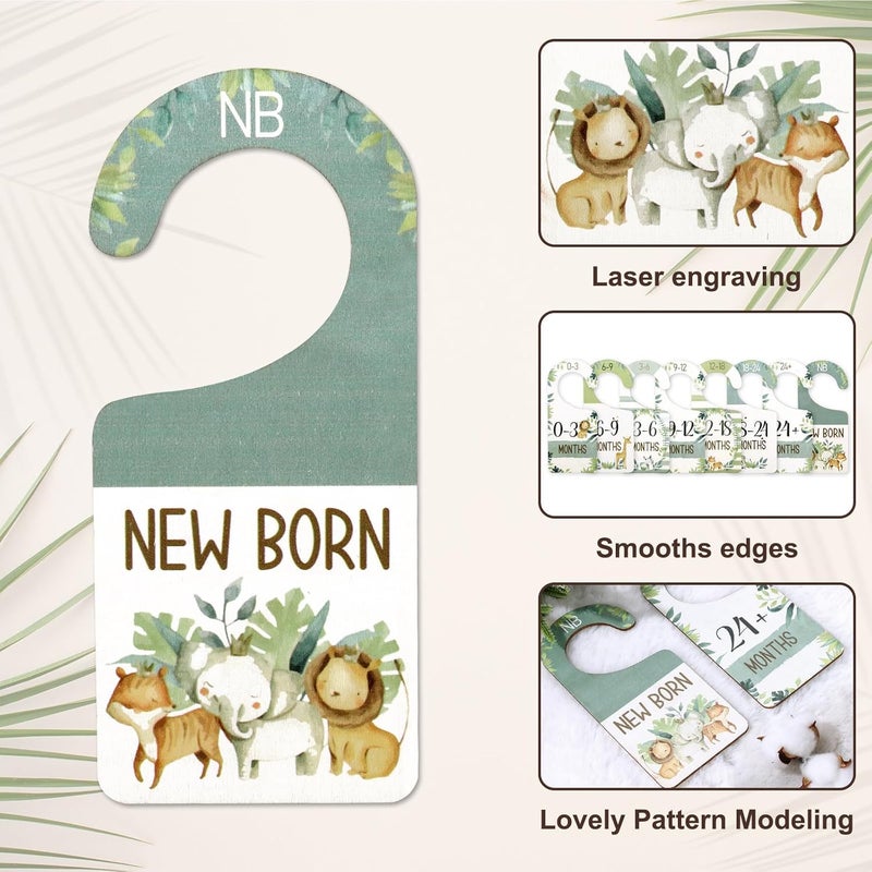 Whaline 8Pcs Baby Closet Size Dividers Watercolor Jungle Animals Hanging Wooden Baby Closet Organizer Double-Sided Newborn to 24 Months Thicken Baby Wardrobe Organizer - Image 3
